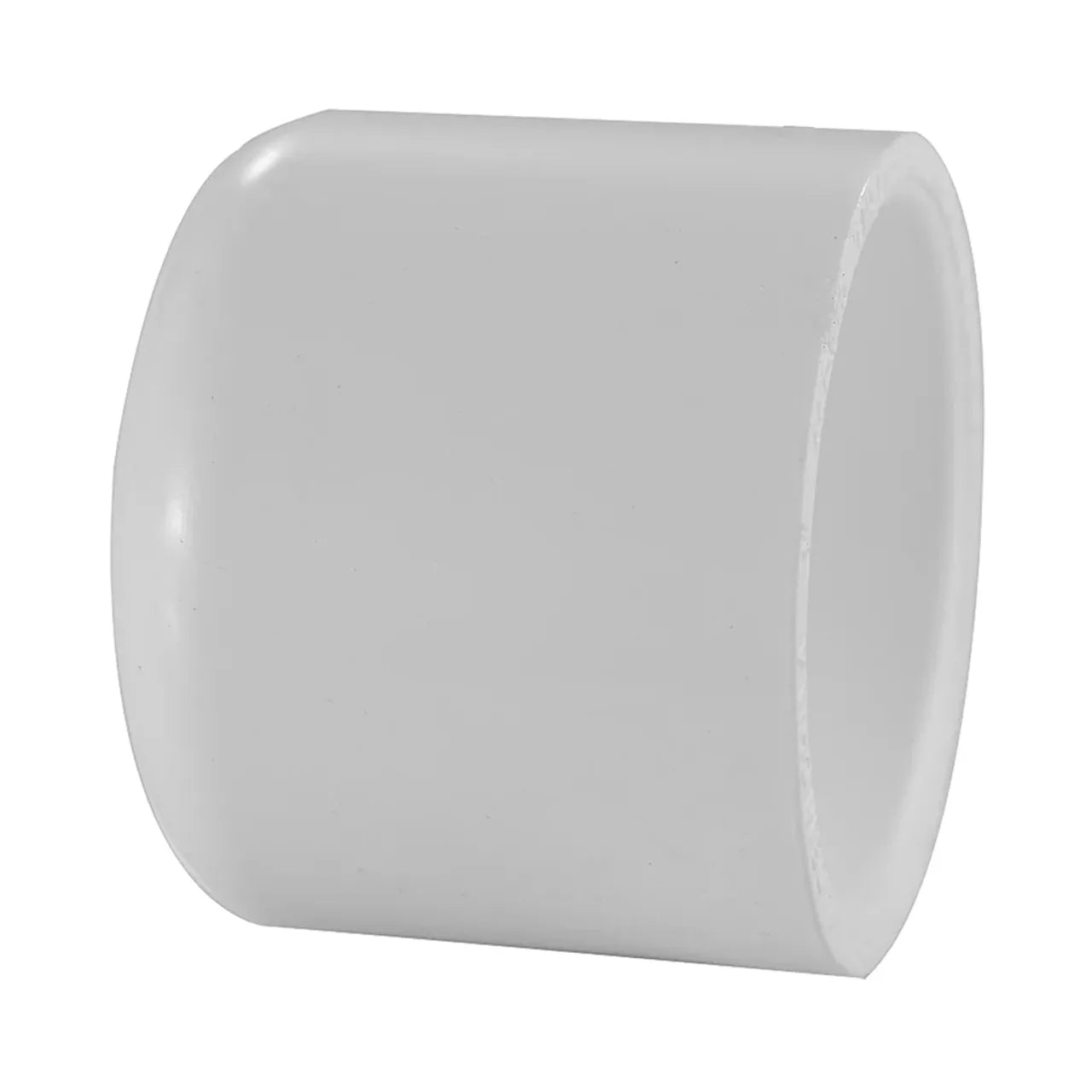 The Go Build 1-1/2 in. PVC Schedule 40 Cap is a white cylindrical cap with a smooth, closed end and open opposite end, designed for sealing PVC pipe ends. Brand: Go Build, The Fastest Way To Build.